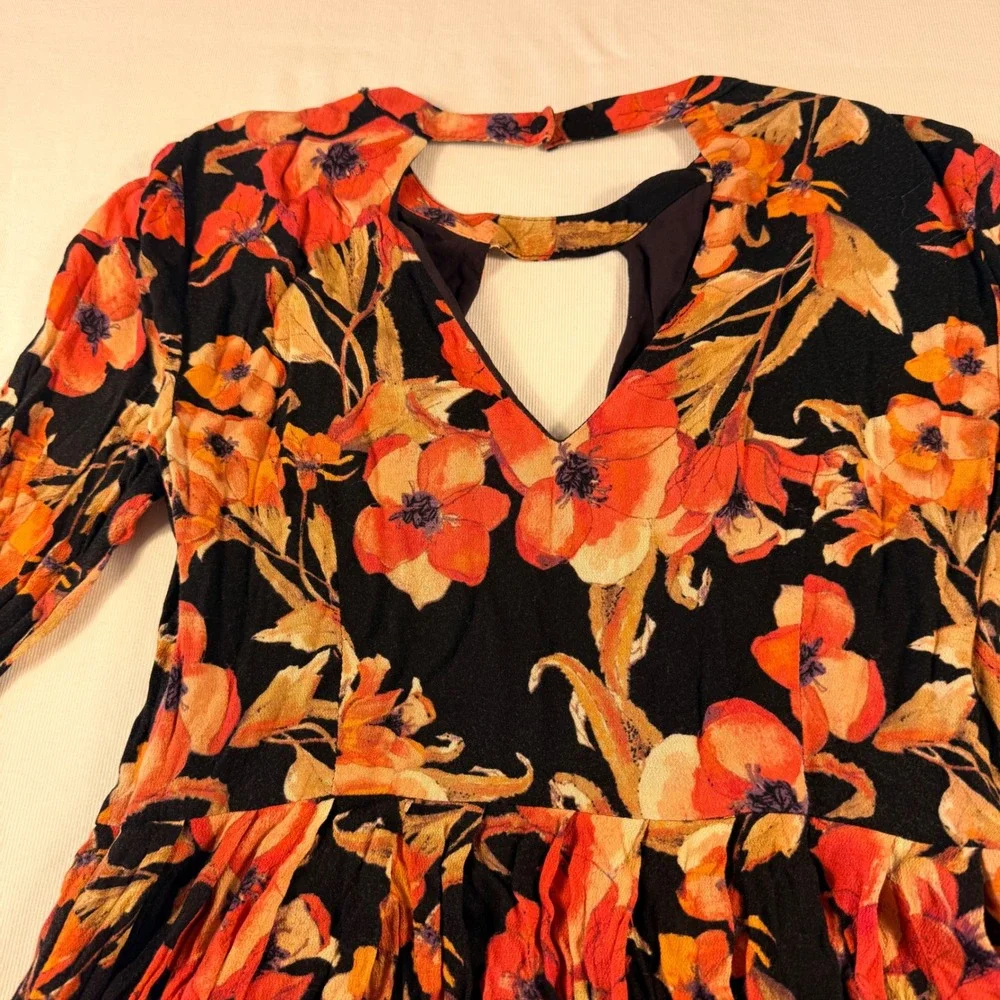 Free People Floral Mini Dress‎ 4 Black Orange Cutout Keyhole Bell Sleeve Boho